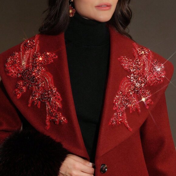 Burgundy Elegant Women's Embroidered Long Coat - Picture 8 of 8